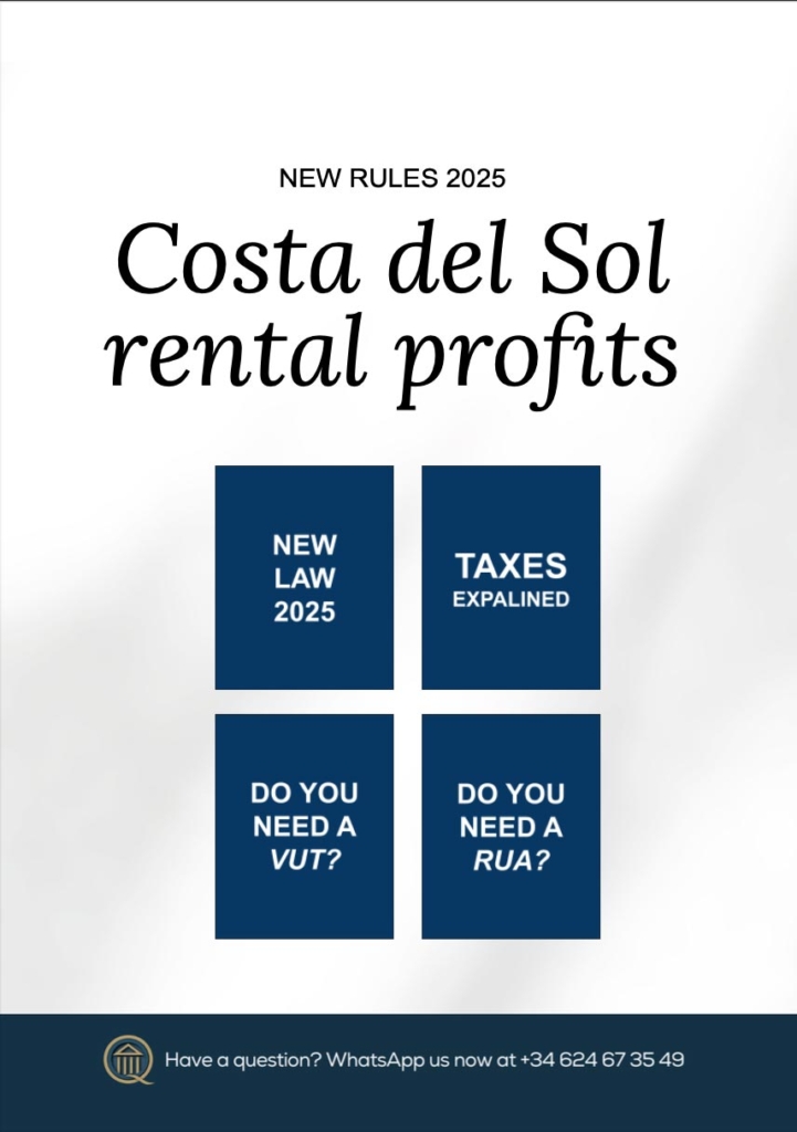 Cover of the guide ‘Costa del Sol Rental Profits – New Rules 2025’ explaining tax updates, VUT and RUA requirements for property owners in Spain