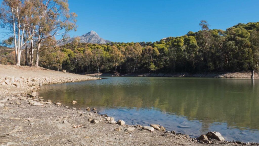 Lake and mountain landscape near Nueva Andalucía, Marbella, surrounded by pine trees and natural scenery
