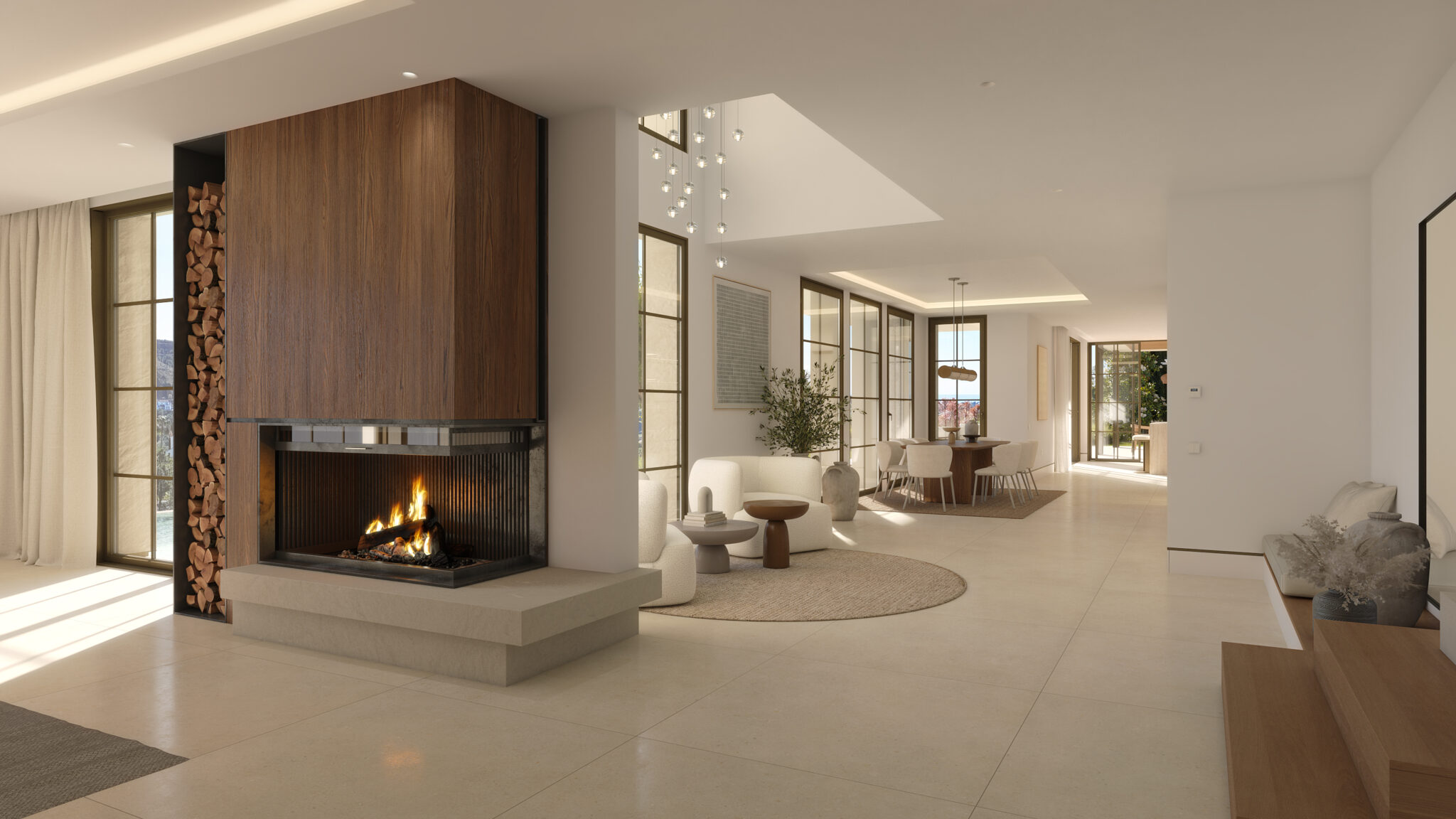 Double-height living room with fireplace and terrace access in luxury villa at Marbella Club Golf Resort Benahavís