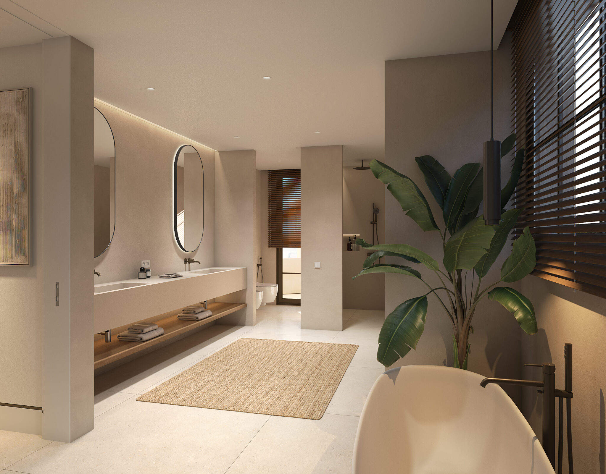 Elegant master bathroom with freestanding bathtub and modern design in El Quejigal luxury villa, Marbella Club Golf Resort Benahavís.