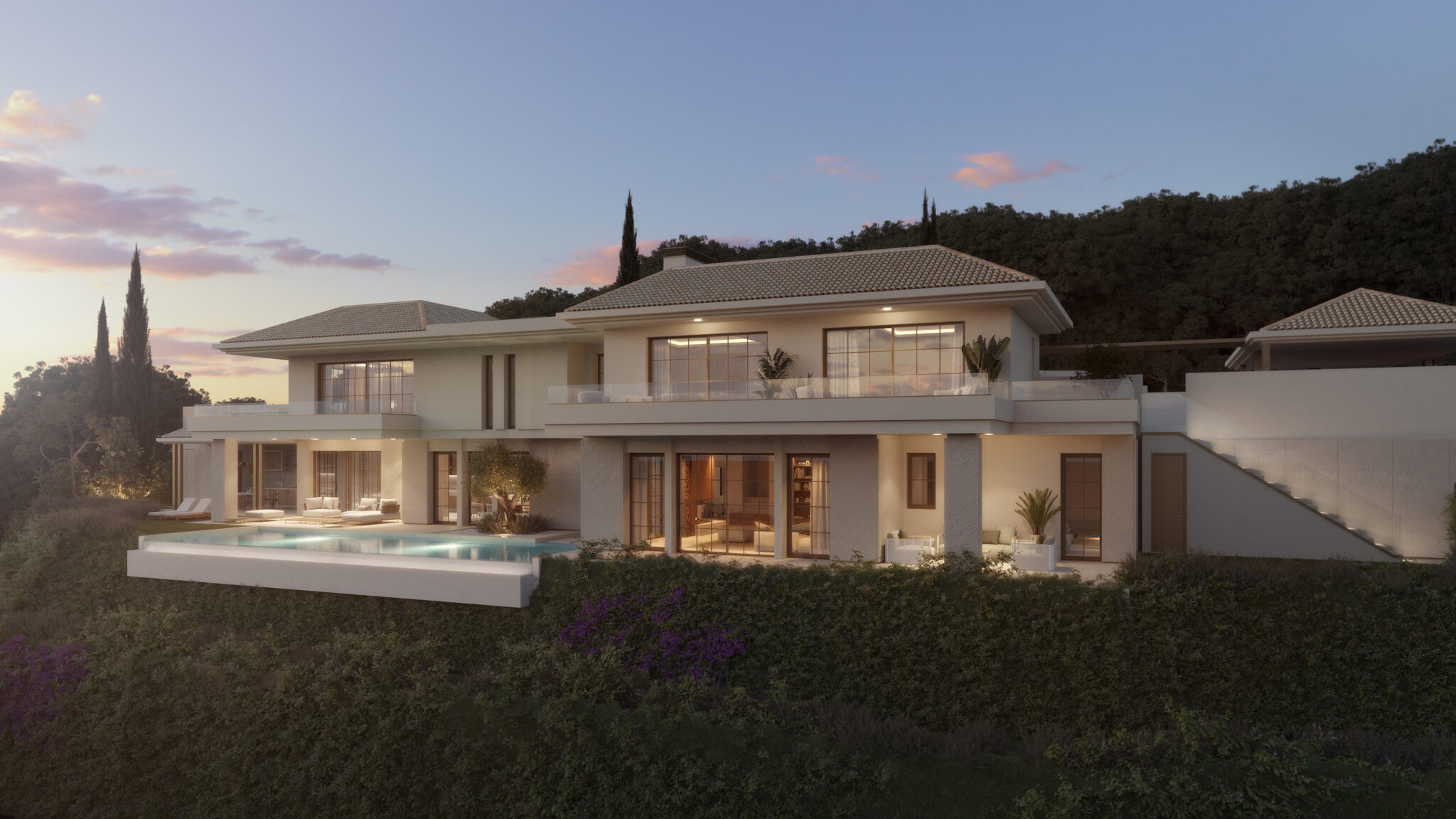 Modern luxury villa with infinity pool at dusk in El Quejigal, Marbella Club Golf Resort Benahavís.