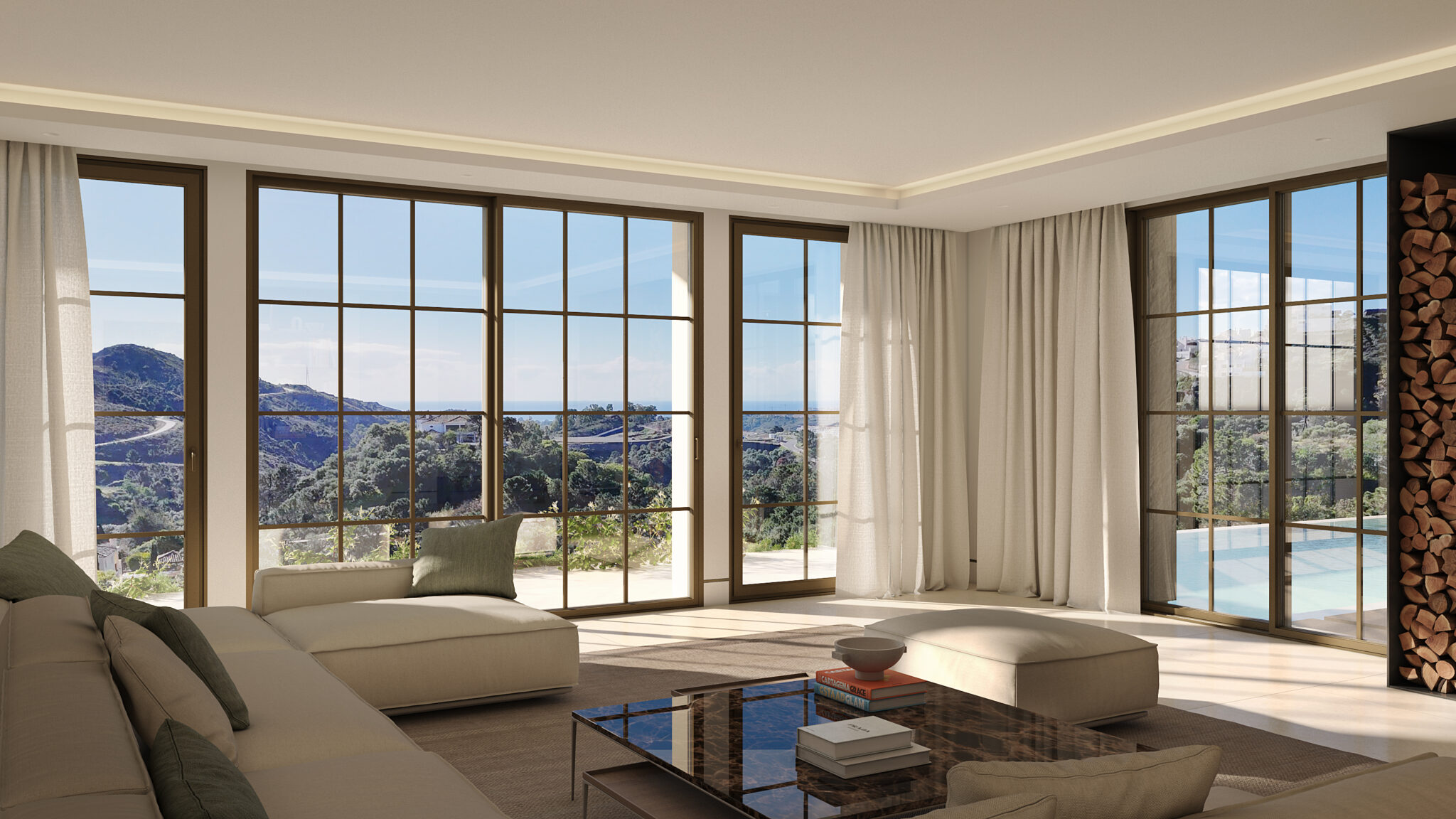Spacious living room in El Quejigal Villa, Marbella Club Golf Resort Benahavís with panoramic sea and mountain views.