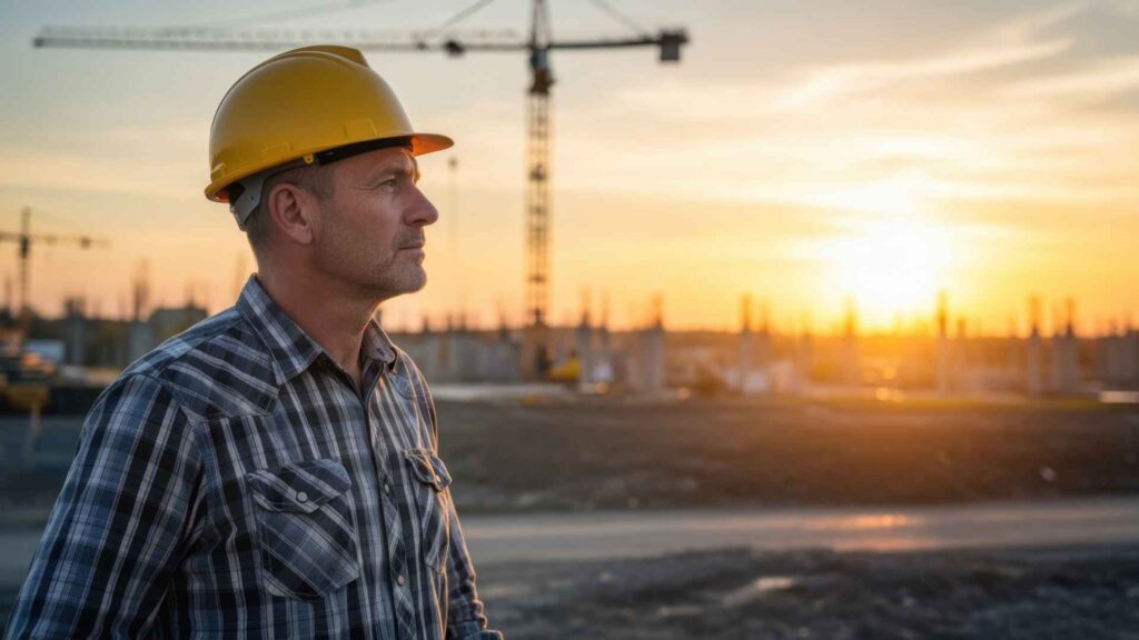 Marbella off-plan property construction site with worker at sunset.