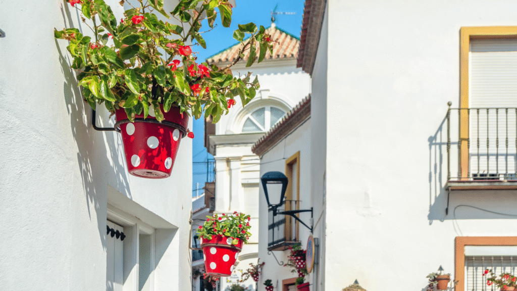 Traditional street in Estepona with whitewashed homes and flower pots.