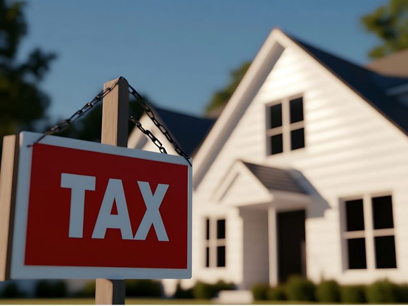 Red tax sign in front of a house symbolizing Spanish property taxes