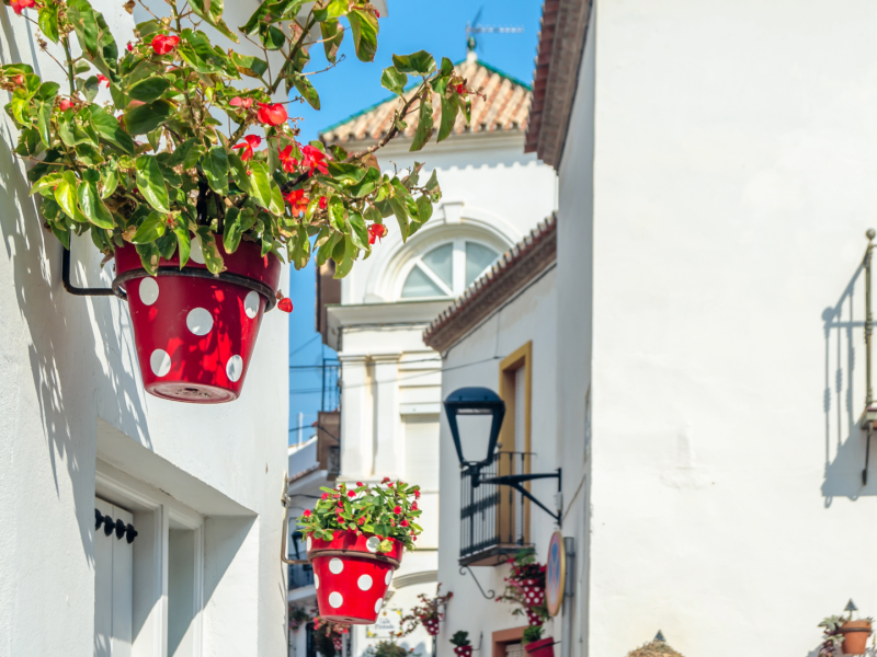 Traditional street in Estepona with whitewashed homes and flower pots.